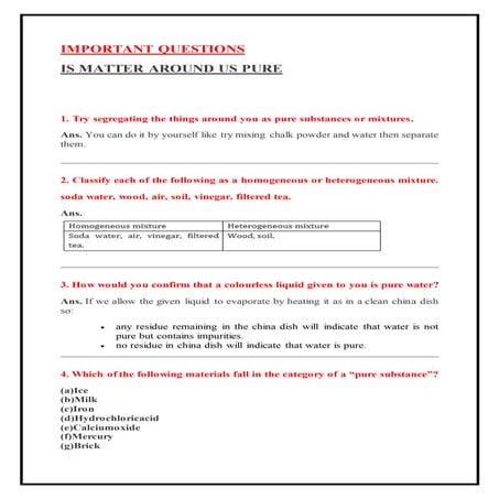 Important questions CLASS 9 IS MATTER AROUND US PURE
