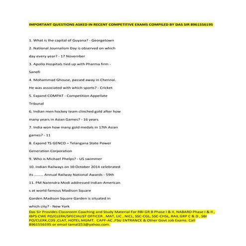 Important questions asked in recent competitive exams compiled by das sir 896...