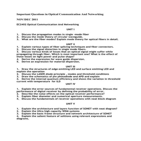Important questions in optical communication and networking ec2402 ec 2402 su...