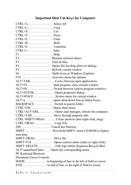 Important shot cut keys for computer dr.c.thanavathi
