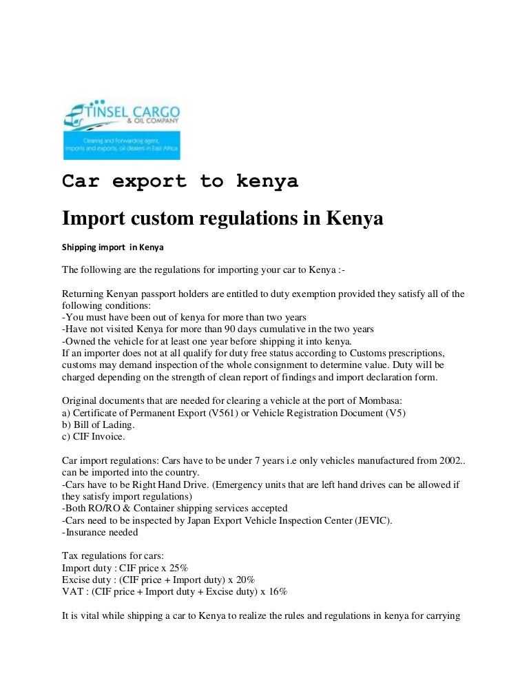 Import custom regulations in kenya