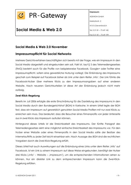 Impressumspflicht für social networks
