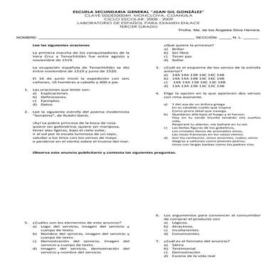 Cuadernillo de Ejercicios para Español. 3er. Grado.