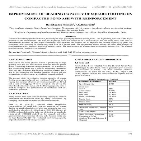 Improvement of bearing capacity of square footing on compacted pond ash with ...