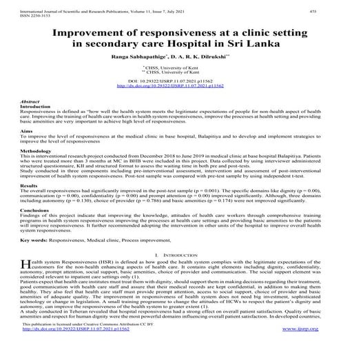 Improvement of responsiveness at a clinic setting  in secondary care Hospital in Sri Lanka