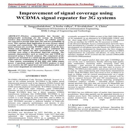 Improvement of signal coverage using wcdma signal repeater for 3 g systems