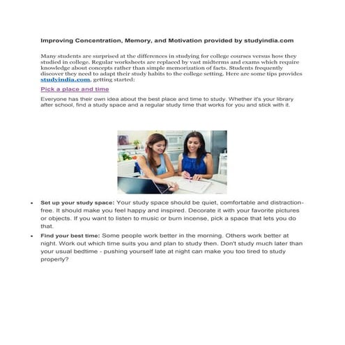 Improving Concentration, Memory, and Motivation provided by studyindia.com