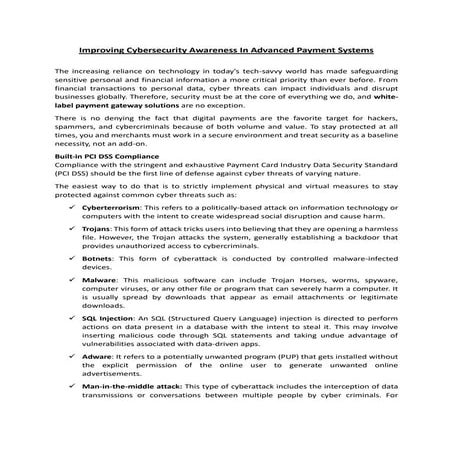 Improving Cybersecurity Awareness In Advanced Payment Systems