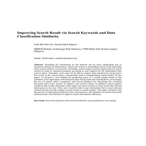 Improving search result via search keywords and data classification similarity