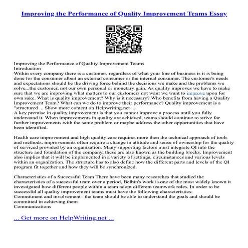 Improving The Performance Of Quality Improvement Teams Essay