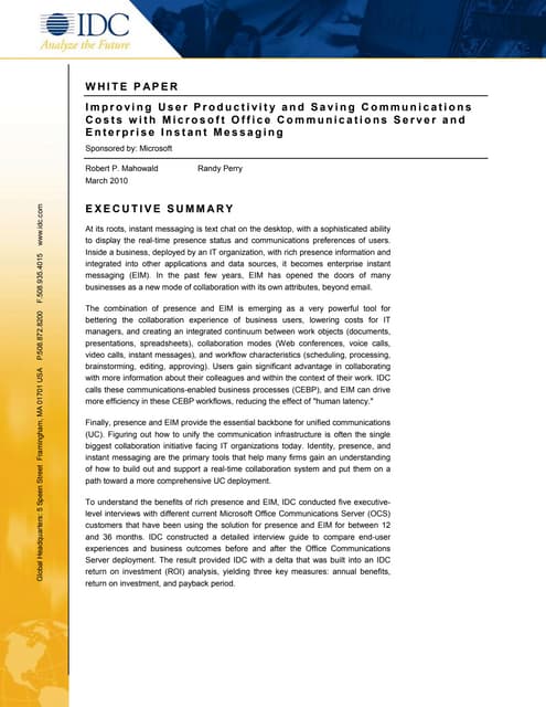 Microsoft Unified Communications - Improving User Productivity and Saving Com...