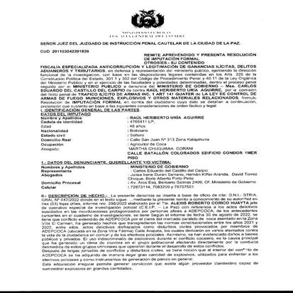 Imputación Fiscal a Raúl Uría por el caso tráfico ilícito de armas