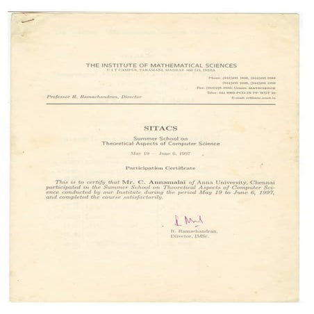 Certificate on Computer Science, The Institute of Mathematical Sciences Chennai