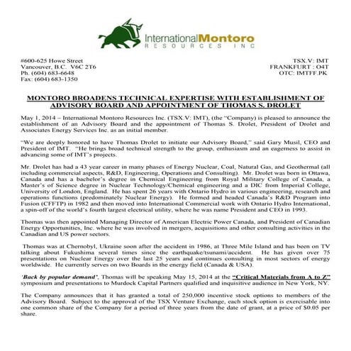 Montoro  News Release May 1.14 names Thomas S. Drolet to advisory board
