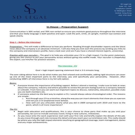 In-House (Legal) interview preparation support