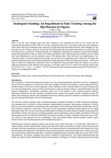 Inadequate funding an impediment to sales training among the big pharmas in n...