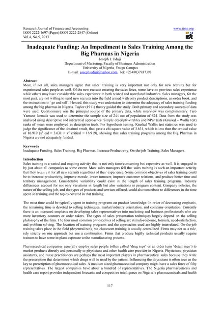 Inadequate funding an impediment to sales training among the big pharmas in n...