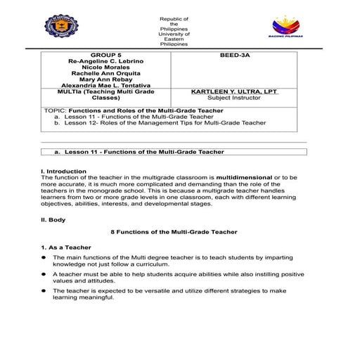 Comprehensive Guide to Functions and Roles of Multi-Grade Teachers | DOCX
