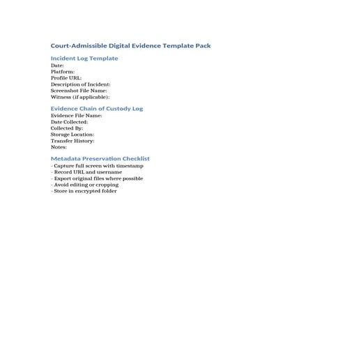 Comprehensive Court-Admissible Digital Evidence Template Pack for Legal ...