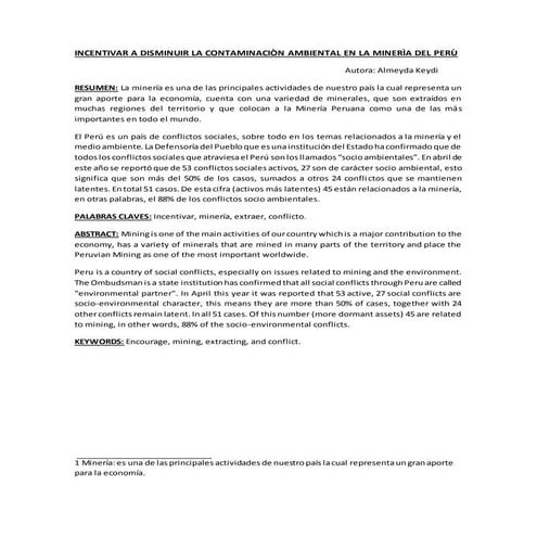 Incentivar a disminuir la contaminaciòn ambiental en la minerìa del perù