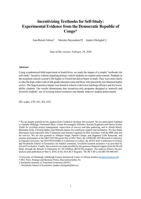 Incentivizing Textbooks for Self-Study: Experimental Evidence from the DRC