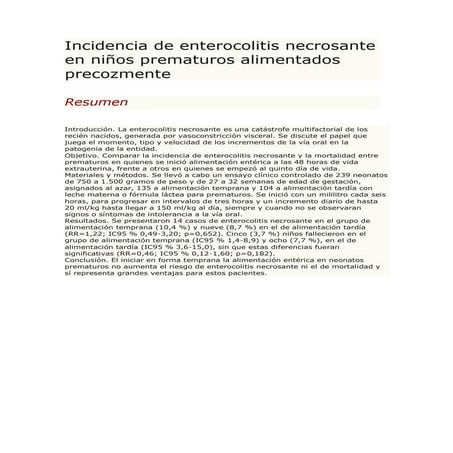 Incidencia de enterocolitis necrosante en niños prematuros alimentados precozmente