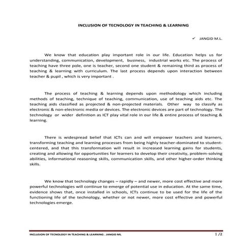 Inclusion of technology in teaching & learning .jangid ml