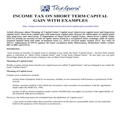 Income Tax on Short Term Capital Gain with examples | PPTX