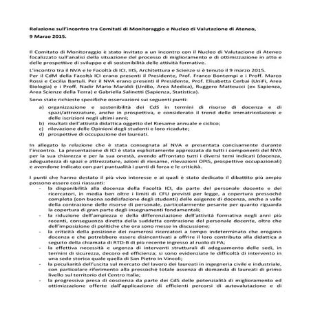 Relazione alla Giunta di Facolta' sull'incontro tra CdM e NVA marzo 2015