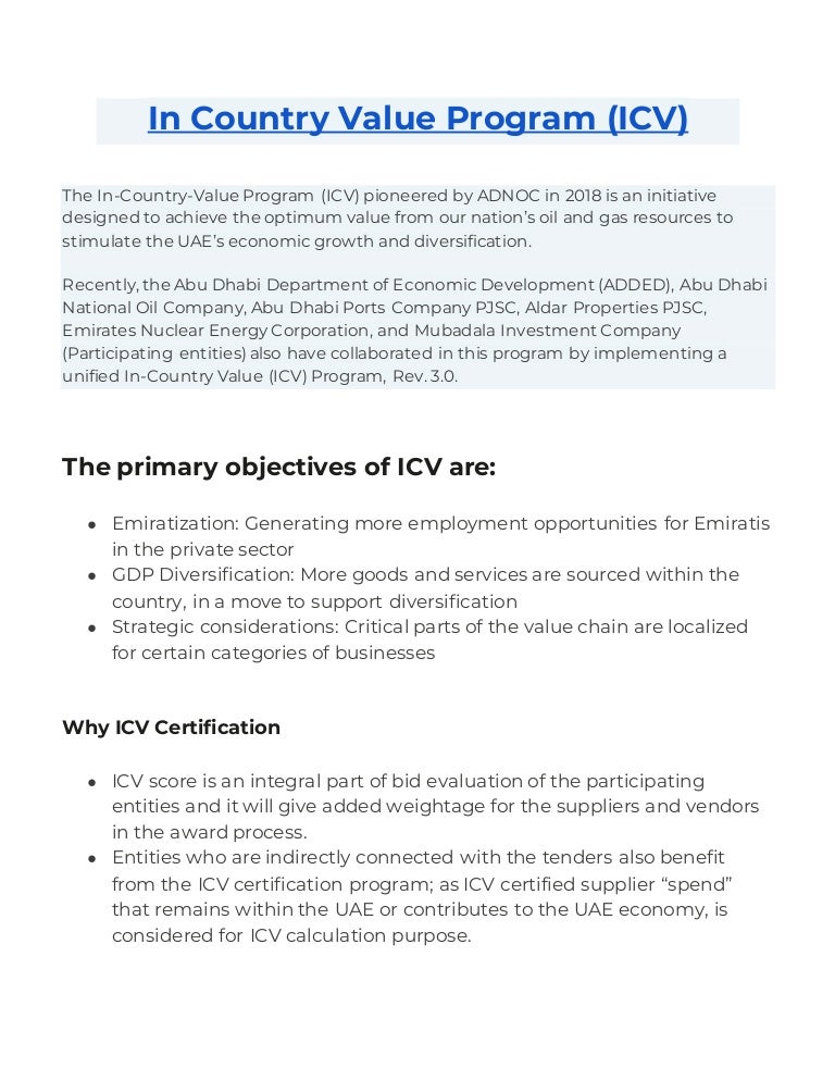 In country value program (icv)