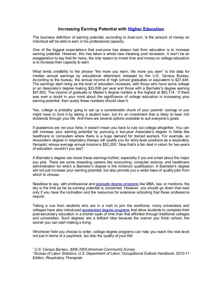 increasing earning potential with higher education college degrees definition