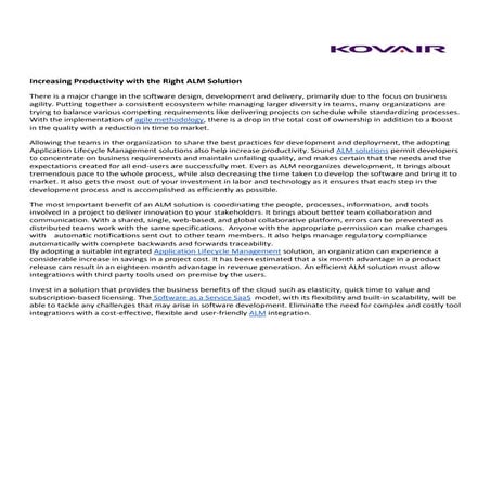 Increasing Productivity with The Right ALM Solution