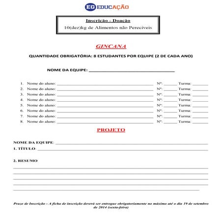 Incrição gincana projeto