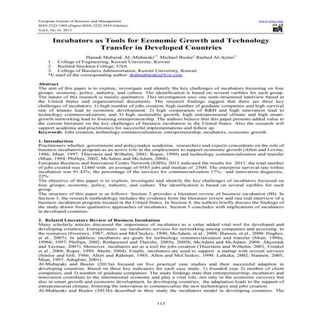 Incubators as tools for economic growth and technology transfer in developed ...