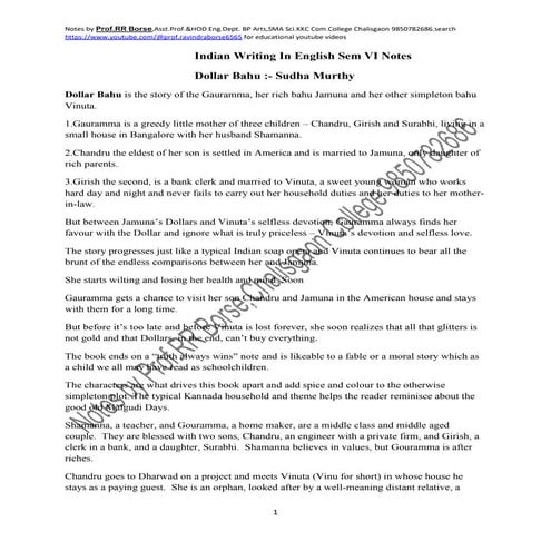 Dollar Bahu novel by Sudha Murthy notes pdf