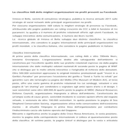 La classifica I&B delle migliori organizzazioni no profit presenti su Facebook