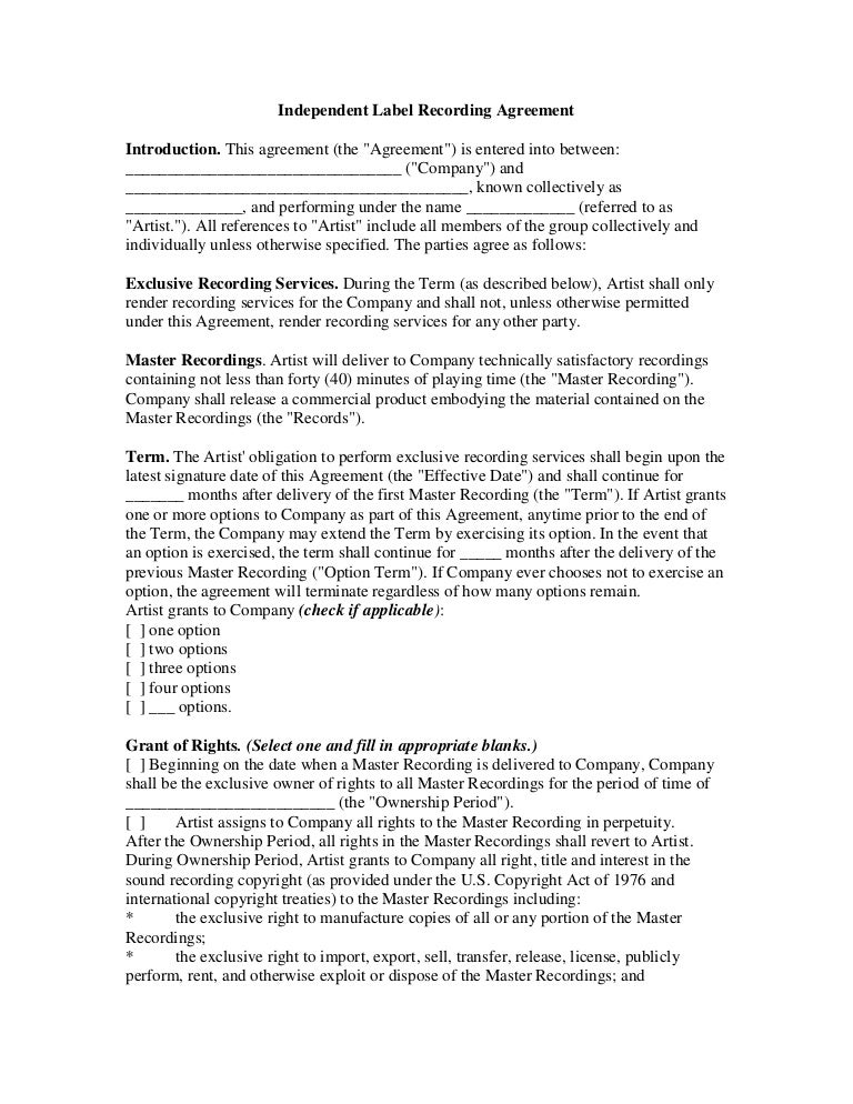 Record Label Artist Contract Template