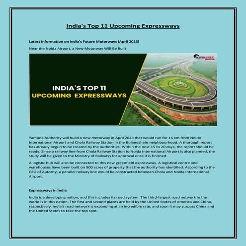 Top 10 Expressways in India updated 2024 | PDF