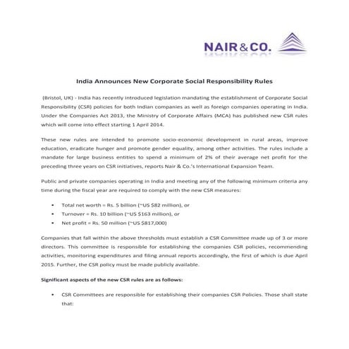 India Announces New Corporate Social Responsibility Rules