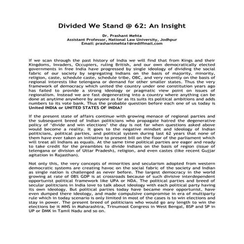 Divided We Stand @ 62: An Insight