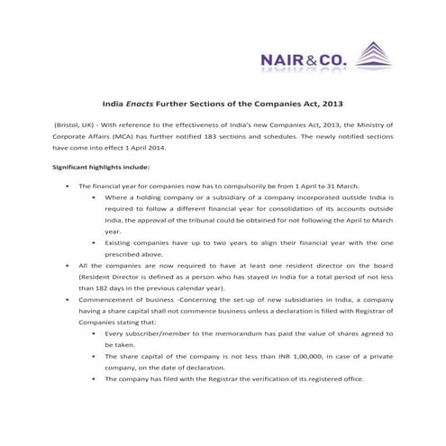 India Enacts Further Sections of the Companies Act, 2013