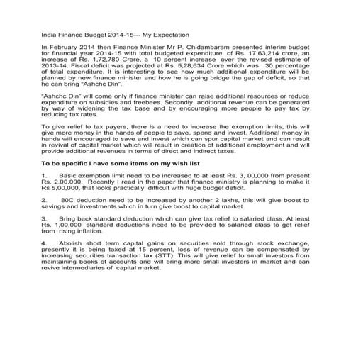 India finance budget 2014  15- my expectation