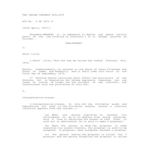 Indian Contract Act 1872, Bare Act