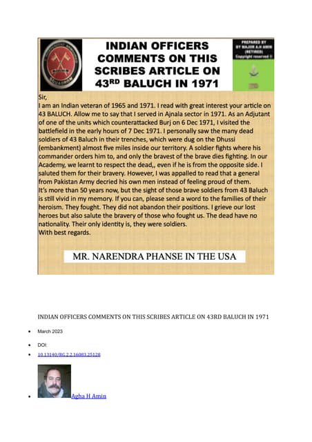 43 BALUCH IN 1971 AND INDIAN OFFICER WHO SAW THEM
