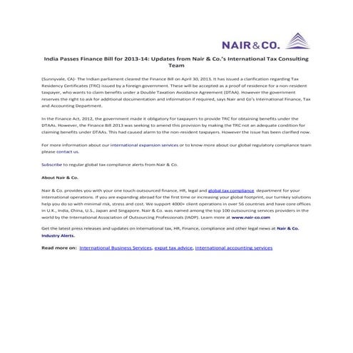 India passes finance bill for 2013 14- updates from international tax consult...