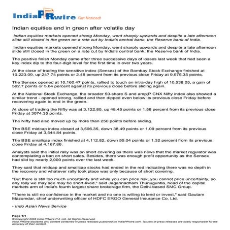 India PR Wire Oct 20, 2008 Indian Equities End In Green After Volatile Day