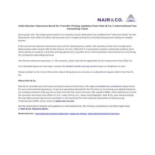 India Revises Tolerance Band for Transfer Pricing: Updates from International...