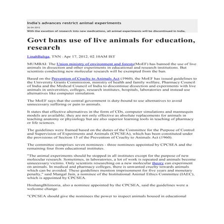 India's advances restrict animal experiments