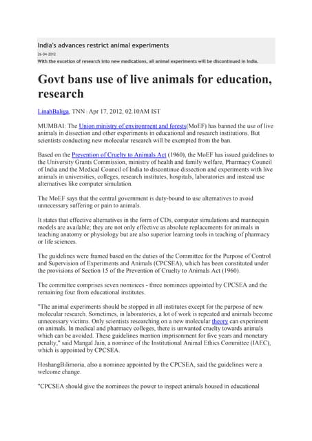 The Prevention of Cruelty to Animal Act, 1960 | PPTX