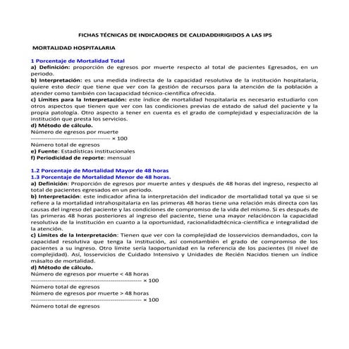  FICHAS TÉCNICAS DE INDICADORES DE CALIDAD  DIRIGIDOS A LAS IPS